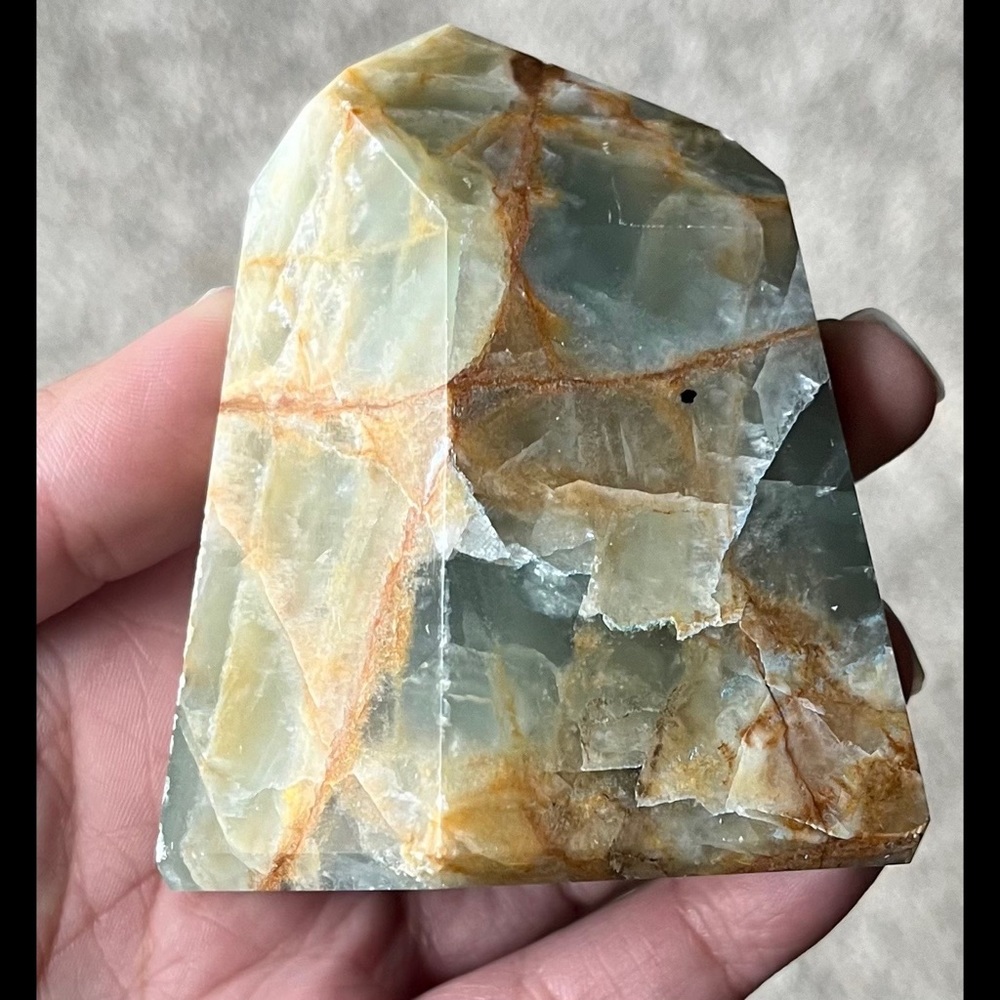 Lemurian Aquatine Calcite/Brazilian Blue Onyx Point (Polished) - Picture 6 of 17